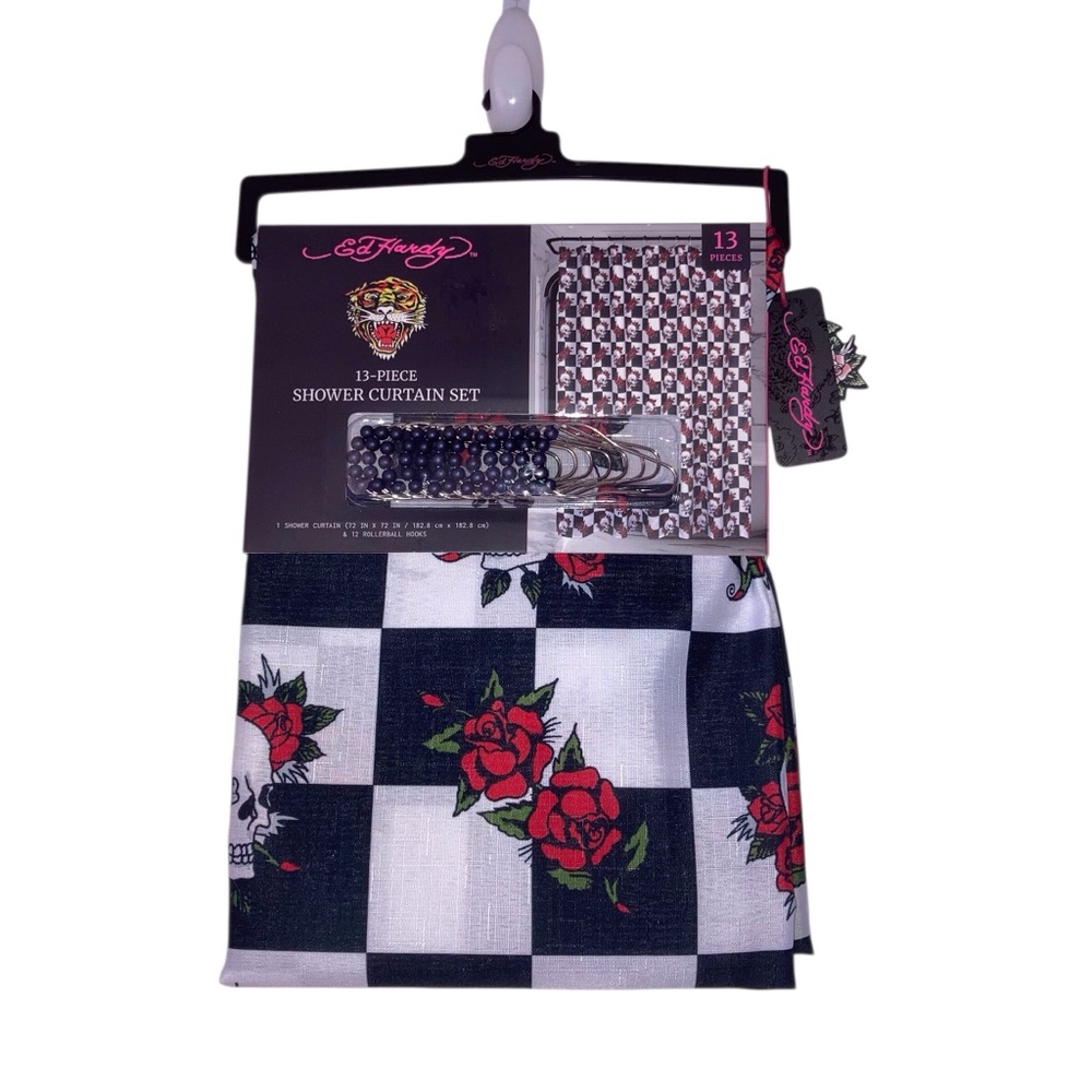 Ed Hardy Black & White Checkerboard Shower Curtain with Red Roses NEW